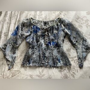 Vintage Blue Sheer Lace Up Smocked Blouse Medium Fairycore Renaissance Angelic